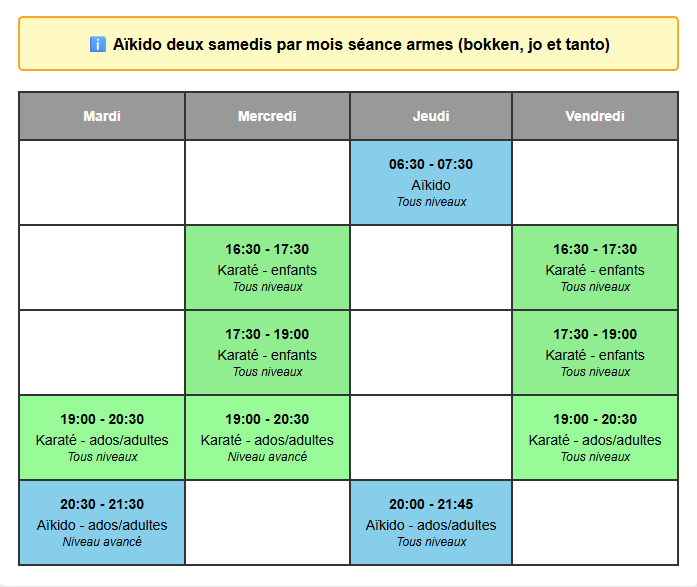 horaires bushido 2026